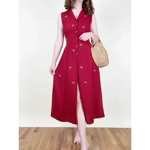 Vintage Linen Embroidered Midi Maxi Dress Cottagecore Floral Summer Sun 90s Y2K - Picture 4 of 7